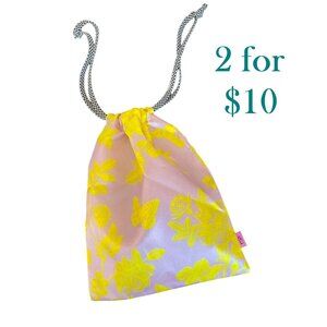 Floral Drawstring Silky Pouch Bag With Yellow Butterfly and Flower Print 8" x 9"